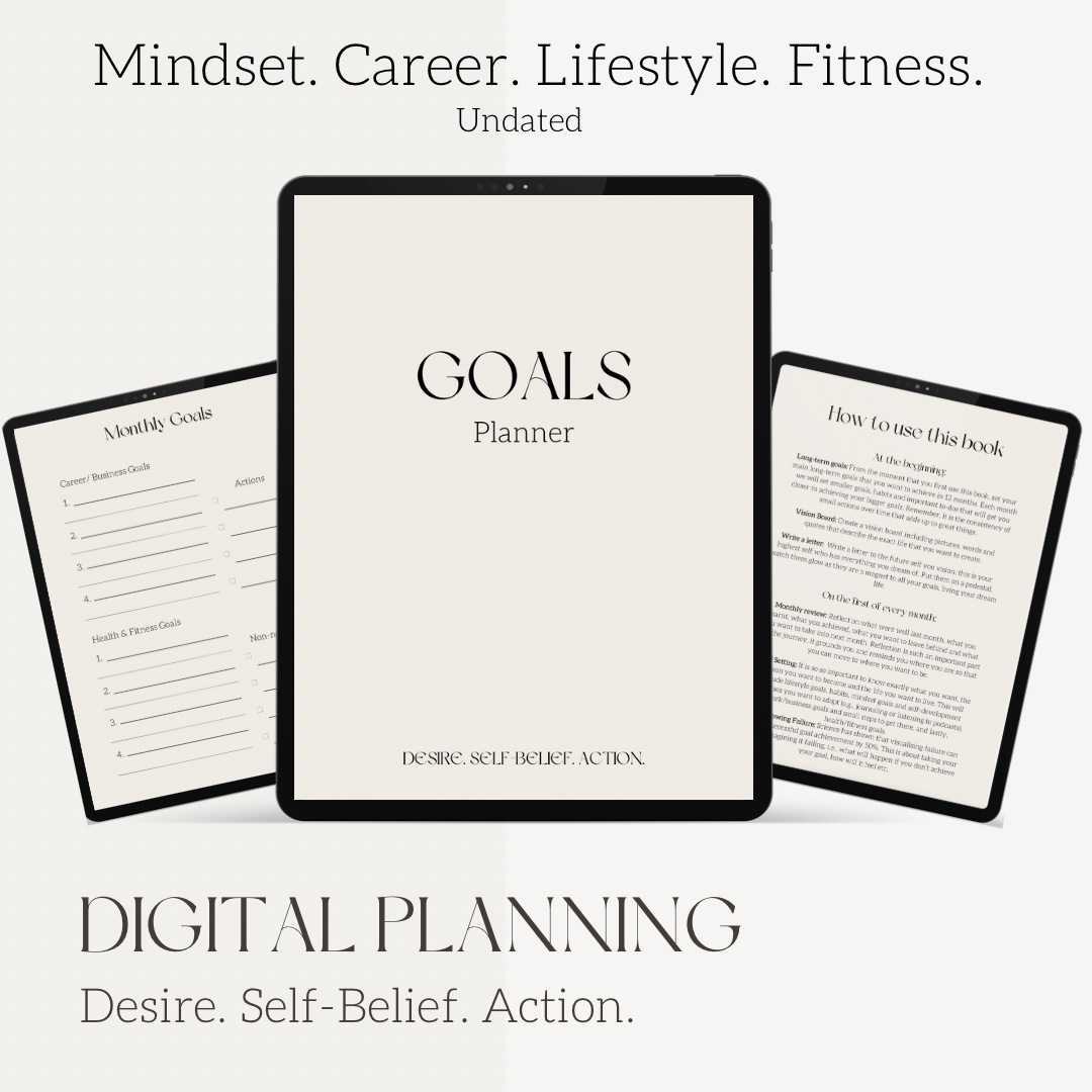 Goals Planner. Undated. Monthly goal setting & monthly review. Visualisation. Manifestation. Vision Board. Self-belief. Overcoming failure. Milestones. Business, fitness, lifestyle & mindset goals. Yearly Reflection. Backed by science.
