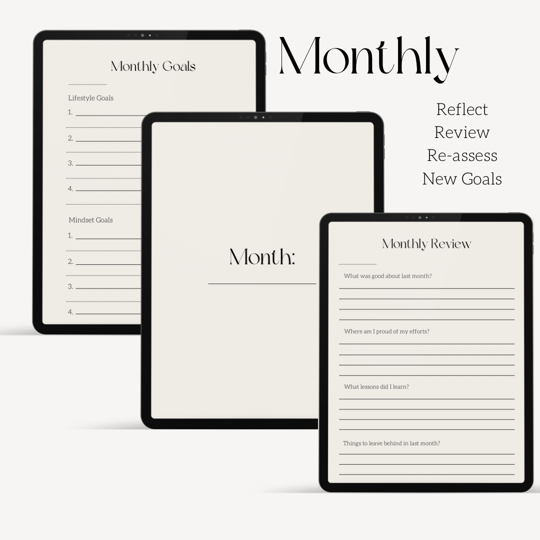 Goals Planner. Undated. Monthly goal setting & monthly review. Visualisation. Manifestation. Vision Board. Self-belief. Overcoming failure. Milestones. Business, fitness, lifestyle & mindset goals. Yearly Reflection. Backed by science.