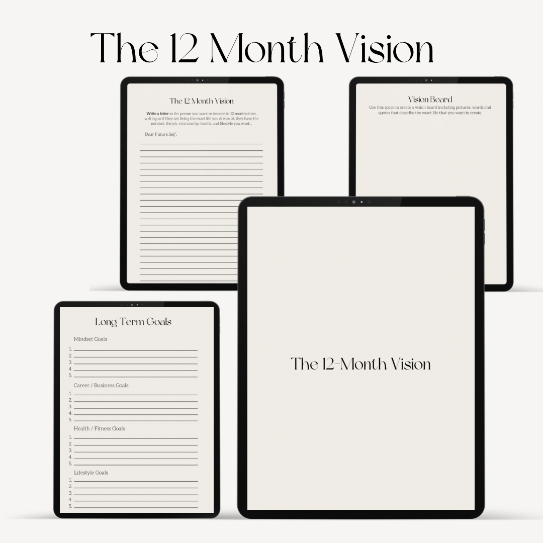 Goals Planner. Undated. Monthly goal setting & monthly review. Visualisation. Manifestation. Vision Board. Self-belief. Overcoming failure. Milestones. Business, fitness, lifestyle & mindset goals. Yearly Reflection. Backed by science.