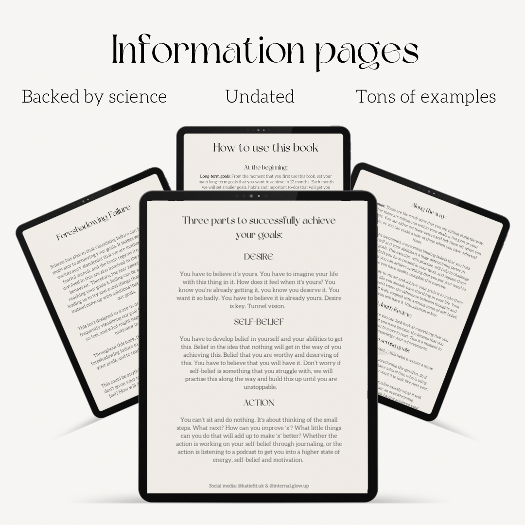 Goals Planner. Undated. Monthly goal setting & monthly review. Visualisation. Manifestation. Vision Board. Self-belief. Overcoming failure. Milestones. Business, fitness, lifestyle & mindset goals. Yearly Reflection. Backed by science.