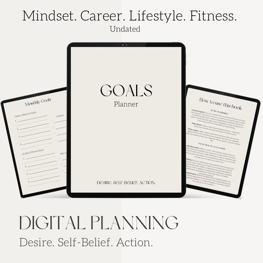 Goals Planner. Undated. Monthly goal setting & monthly review. Visualisation. Manifestation. Vision Board. Self-belief. Overcoming failure. Milestones. Business, fitness, lifestyle & mindset goals. Yearly Reflection. Backed by science.